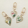 Gold Tone Open Heart Pressed Flower Resin Clip Keychains view 3