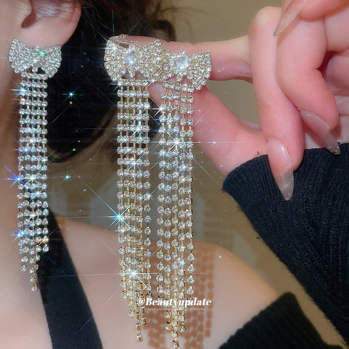 Gold And Silver Tone Bow Crystal Tassel Earrings Decorative Jewelry