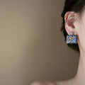 Blue Square Gold Tone Floral Branch Statement Stud Earrings view 4