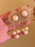 Fuzzy Round Pearl Look Drop Earrings in Brown and White view 6