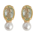 Gold Tone Pale Green Oval Stone And White Pearl Stud Earrings view 5
