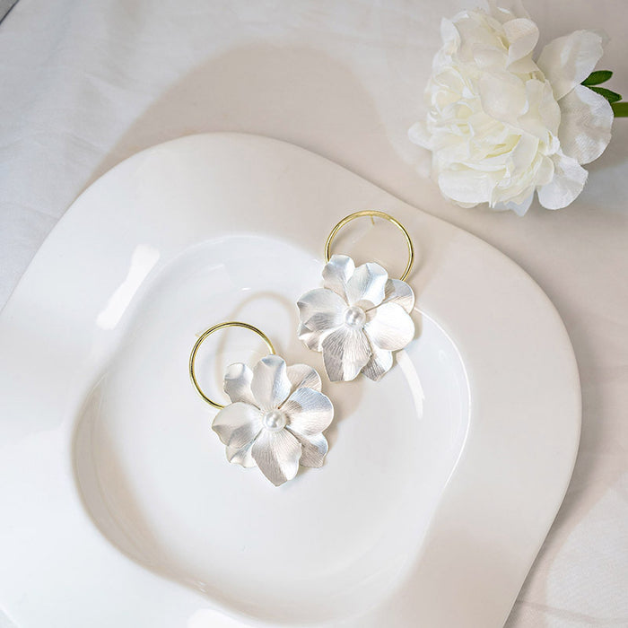 White Petal Gold Hoop Double Flower Statement Earrings
