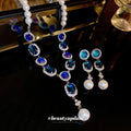 Silver Tone Blue Crystal Necklace And Earrings With Pearl Drops view 3