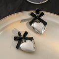 Black Gem Silver Heart Drop Earrings Black Ribbon Bow view 3