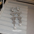 Silver Tone Crystal Bow Pearl Look Drop Earrings Jewelry view 4