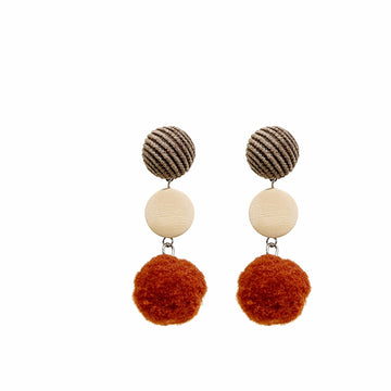 Taupe Wrap Ball Cream Disc Orange Flocked Pom Drop Earrings