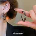 Black Textured Hoop Earrings With Brown Oval Accents view 2