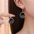 Black Cat Face Silver Tone Open Circle Hook Earrings view 1