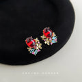 Gold-Tone Red Oval Cabochon Floral Crystal Stud Earrings view 1