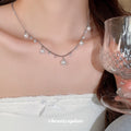 Silver Scalloped Chain Pearl Drop Necklace Clear Crystal Dangles view 3