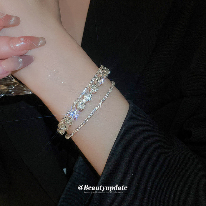 Silver Tone Open Floral Lattice Hinged Bangle With Clear Crystal Flowers