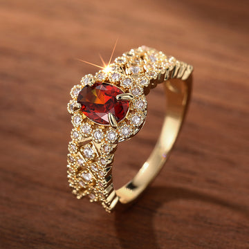 Red Oval Double-Halo Wide Ring In Polished Gold Tone