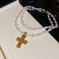 Pearl Strand Necklace with Gold-Tone Cross Pendant view 6