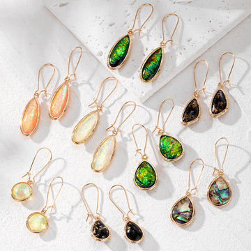 Iridescent Cabochon Drop Earrings Gold Bezels 8 Shape Styles