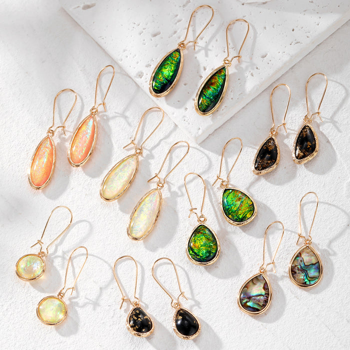 Iridescent Cabochon Drop Earrings Gold Bezels 8 Shape Styles