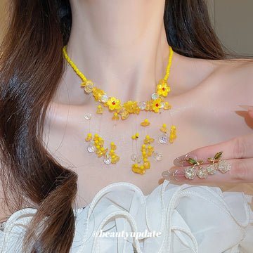 Yellow Resin Flower Bead Necklace And Crystal Cherry Studs