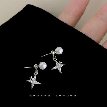 Silver Pearl CZ Starburst Front-Back Jacket Stud Earrings