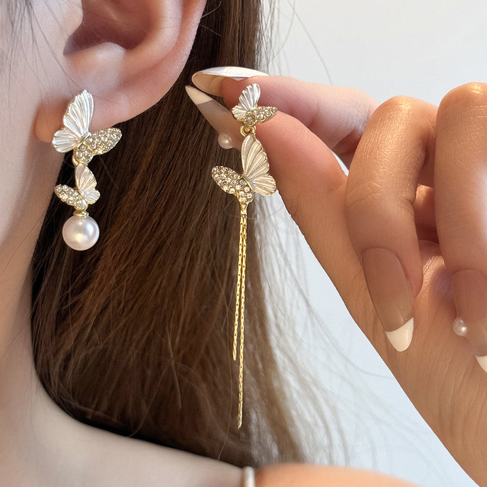 Asymmetric Silver Butterfly Pearl Look Tassel Earrings