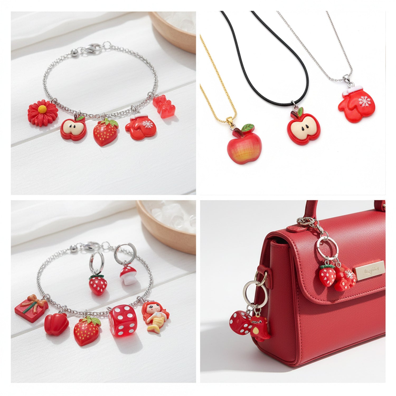 Red Resin Cartoon Apple Strawberry Cherry Charm Pendants for DIY Bracelet Necklace
