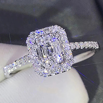 Cushion-Shaped Baguette Cluster Halo Ring In Silver Tone