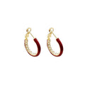 Red Enamel and Crystal Gold Tone Hoop Earrings With Metal Details view 5