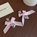 Pink Ribbon Bow Silver Bell Long Dangle Stud Earrings view 3
