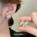 Gray Pearl Crystal Butterfly and Square Stud Earrings view 2