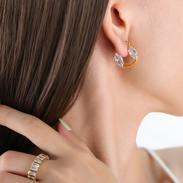 Marquise Clear Glass Open Hoop Earrings Gold Steel