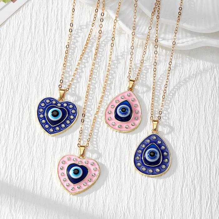 Gold Tone Rhinestone Evil Eye Heart and Teardrop Pendant Necklaces