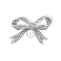 Silver Tone Crystal Ribbon Bow Pearl Look Metal Brooch Pin view 1
