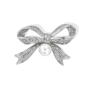 Silver Tone Crystal Ribbon Bow Pearl Look Metal Brooch Pin