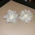 Ivory Sheer Fabric Flower Stud Earrings With Decorative Details view 6