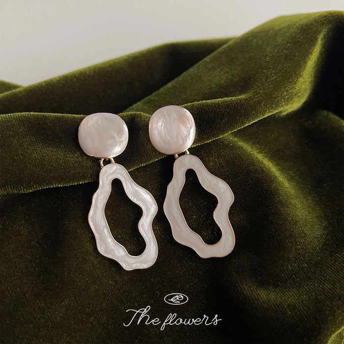 Cream White Irregular Hollow Drop Earrings Pearl Sheen Stud