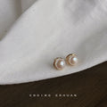 Gold Tone Textured Round Frame White Pearl Stud Earrings view 1