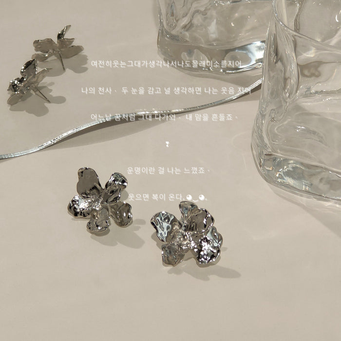 Silver Liquid Metal Irregular Flower Stud Earrings