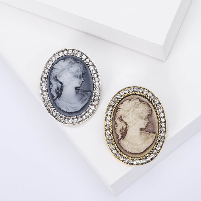Woman Profile Cameo Brooch in Gray Silver or Beige Gold