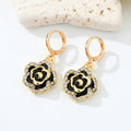 Gold Tone Black Rose Pendant Necklace and Huggie Earrings view 2