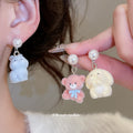 Pastel Flocked Bear Drop Earrings with Glossy Pink Beads view 2
