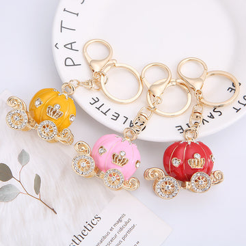 Pumpkin Carriage Enamel Rhinestone Keychain Gold Tone 4 Colors