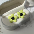 Lime Green Five Petal Flower Stud Earrings Black Center view 3