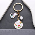 White Cat Flower and Pearl Enamel Charm Keychain with Round Ring view 4