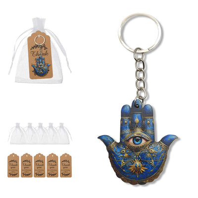 Blue Hamsa hand silver ring wood keychain with organza bags and tags