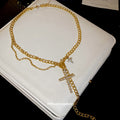Layered Gold Tone Cross Pendant Chain Necklace Statement Jewelry Design view 4