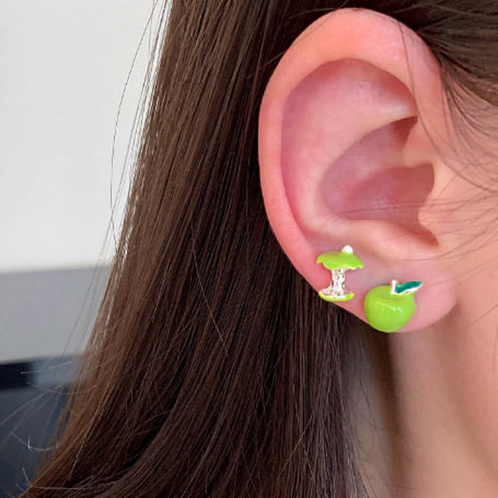 Green Apple Mismatched Stud Earrings with Decorative Details
