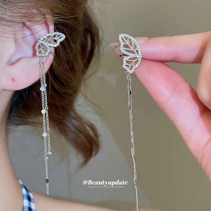 Silver Butterfly Ear Cuff With Crystal Chains And Long Tassels