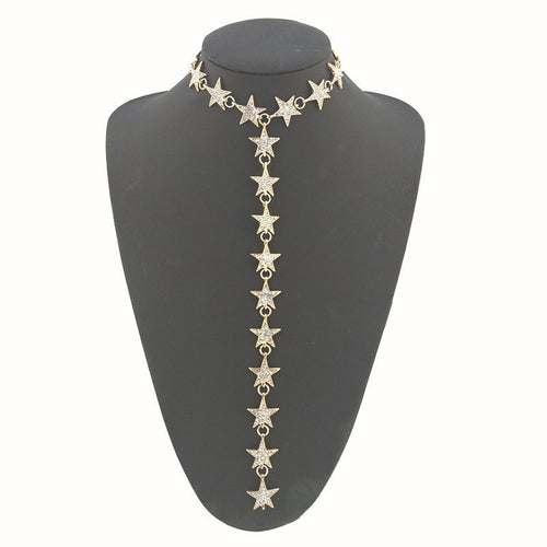 Front view of crystal star y drop necklace in gold and silver tones