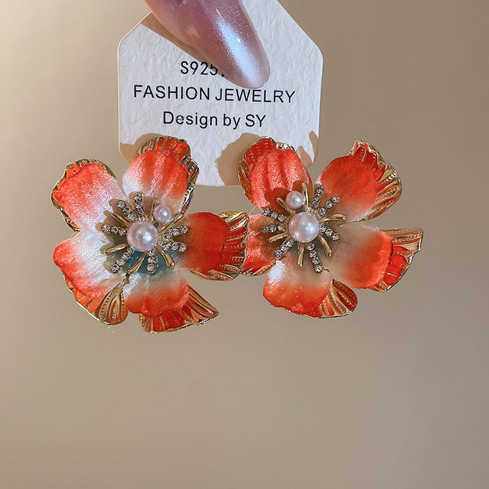 Colorful Layered Metal Flower Statement Stud Earrings