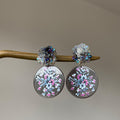 Floral Print Round Disc Earrings with Iridescent Flower Studs view 4
