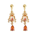 Gold Filigree Drop Earrings Amber Red Teardrop Crystals view 5