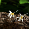 Two-Tone Lily Flower Hook Earrings Silver Petals Gold Center view 2